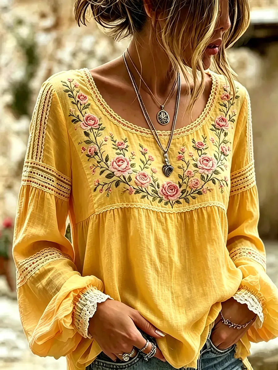 Fiamma | Blusa in Lino con Ricamo di Rose