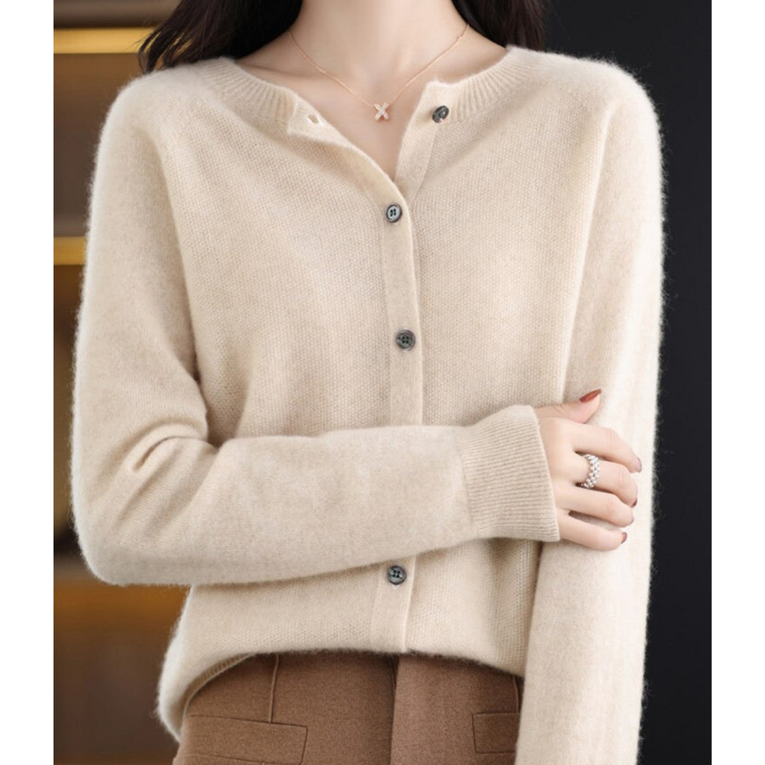 Mercy Cardigan Femme – Gilet Élégant en Laine Mérinos & Cachemire Doux à Col Rond