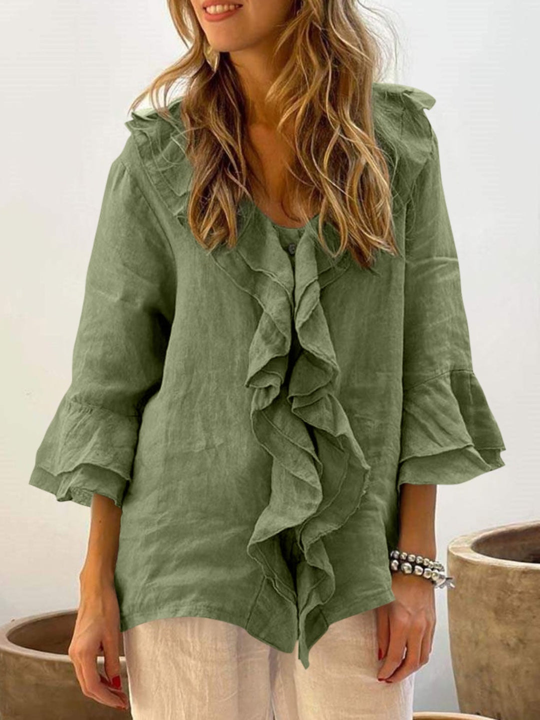 NADINE™ - Top Ruffle con Maniche a Campana Chic
