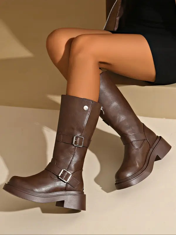 JEAN™ - Stivali al Ginocchio con Tacco Alto per Donna, Punta Rotonda, Fit Slim, Scarpe Alte in Pelle Morbida