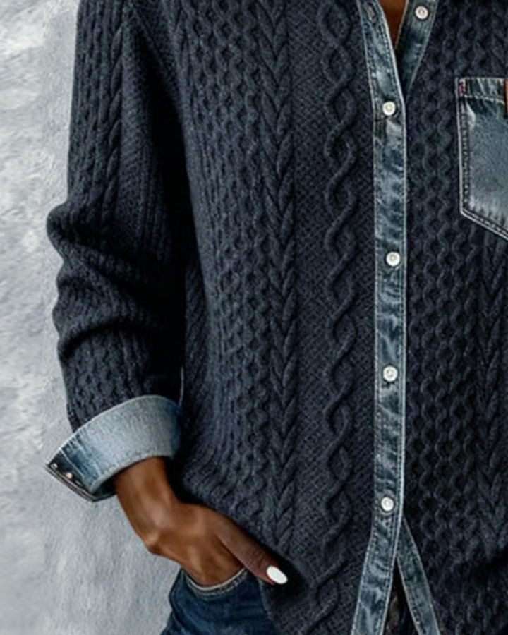 Camicia a Maniche Lunghe con Patchwork in Denim