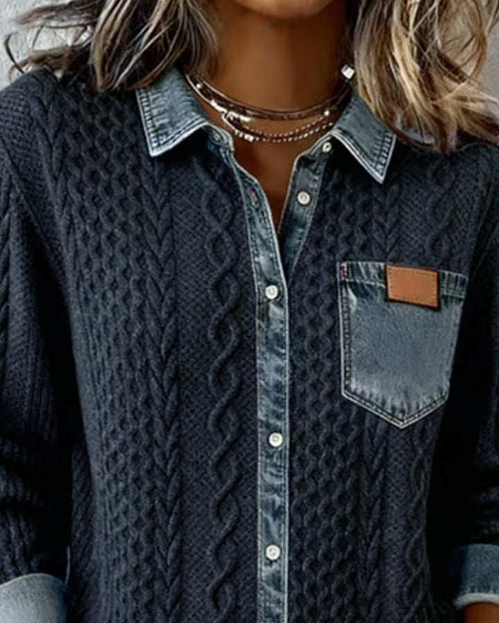 Camicia a Maniche Lunghe con Patchwork in Denim
