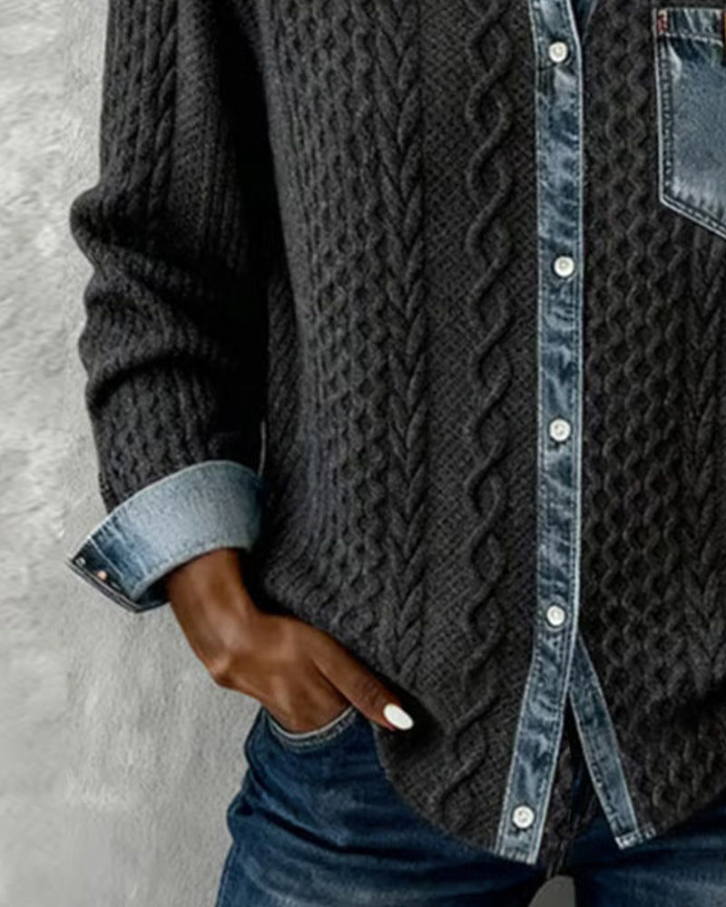 Camicia a Maniche Lunghe con Patchwork in Denim