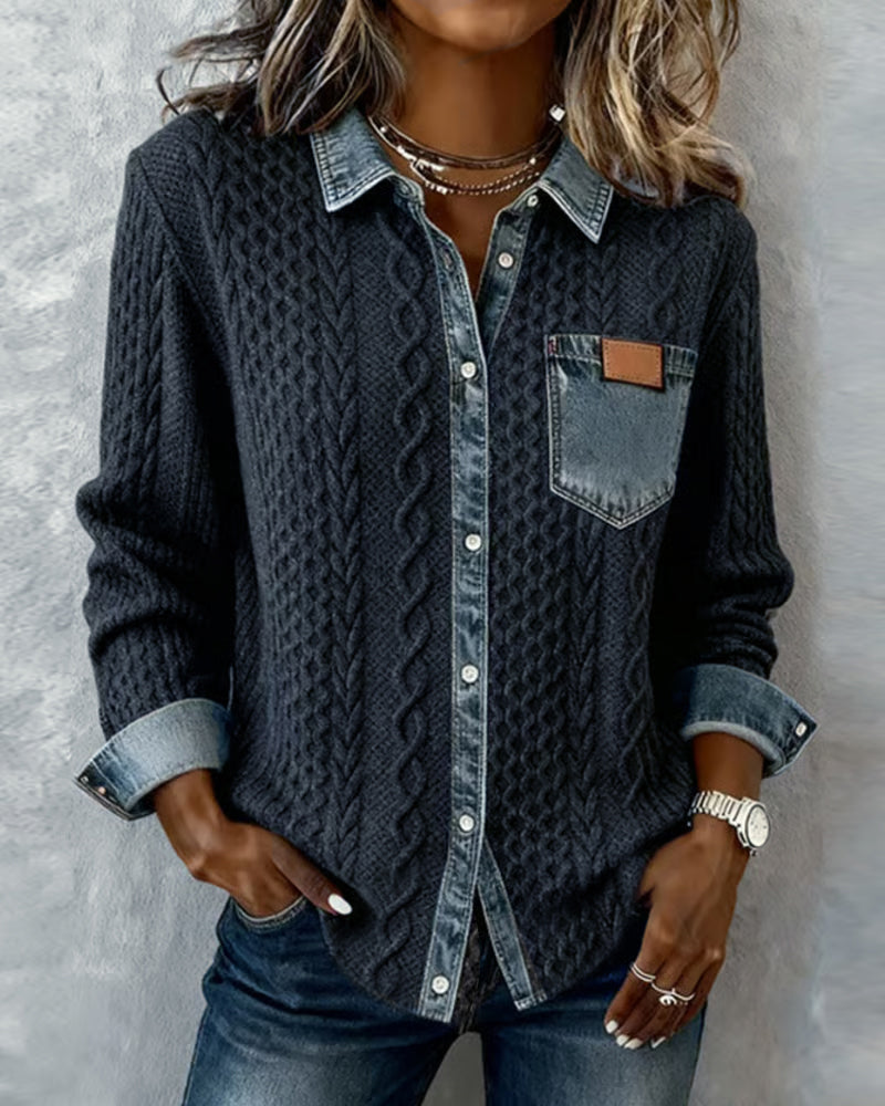 Camicia a Maniche Lunghe con Patchwork in Denim