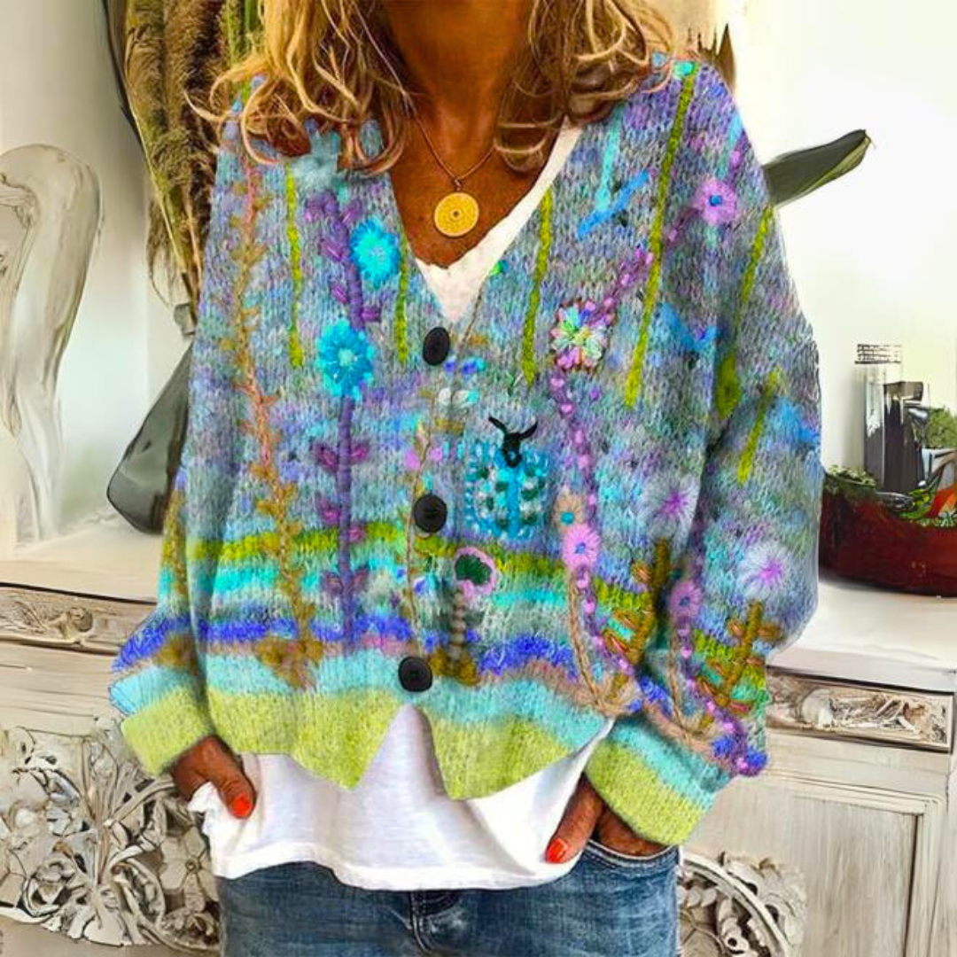 Elisa Cardigan Bohème – Cardigan Multicolore avec Broderies Fleuries et Coupe Ample