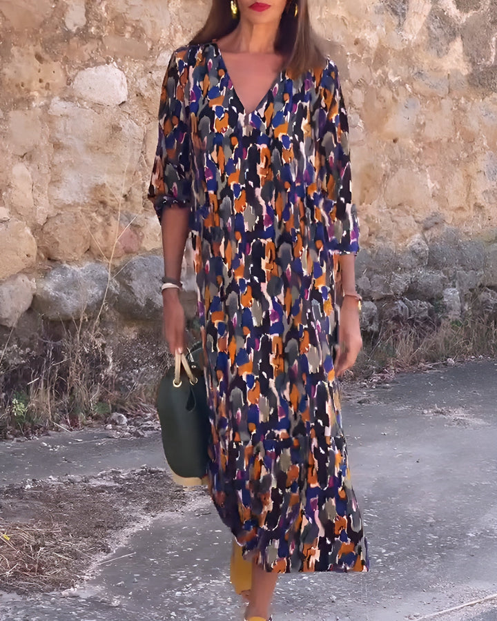 NATHALIE | ABITO STAMPATO RETRO CON SCOLLO A V