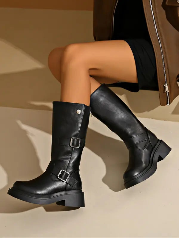 JEAN™ - Stivali al Ginocchio con Tacco Alto per Donna, Punta Rotonda, Fit Slim, Scarpe Alte in Pelle Morbida