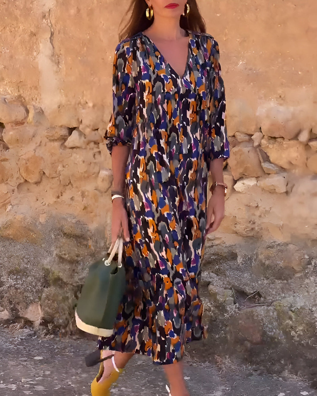 NATHALIE | ABITO STAMPATO RETRO CON SCOLLO A V