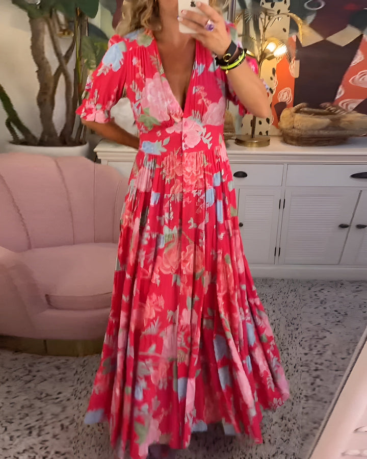 CARINE | ABITO CON TASCHE E SCOLLATURA A V IN STAMPA FLOREALE