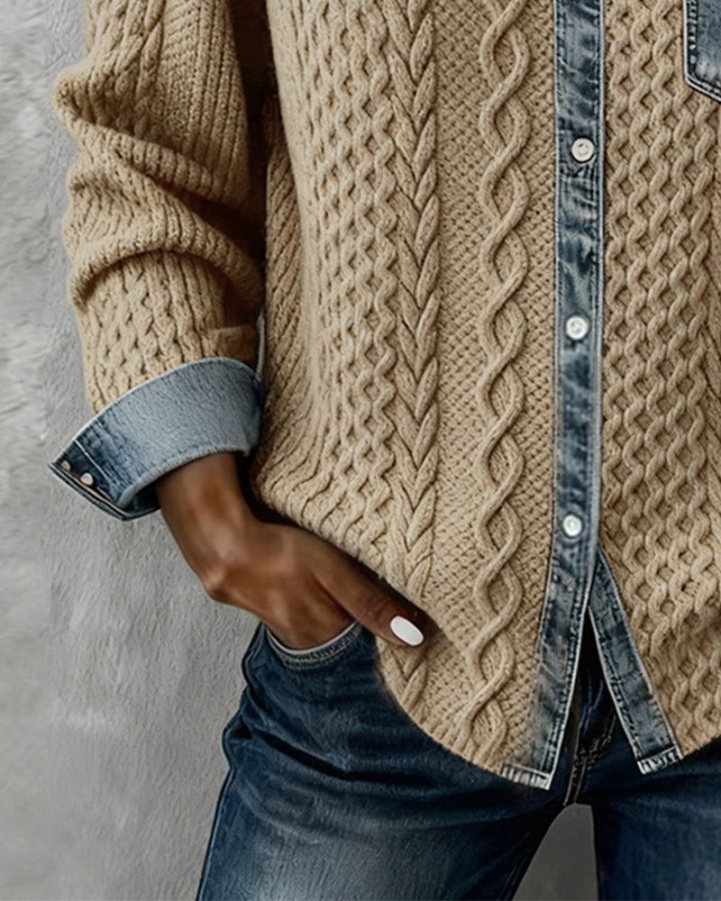Camicia a Maniche Lunghe con Patchwork in Denim