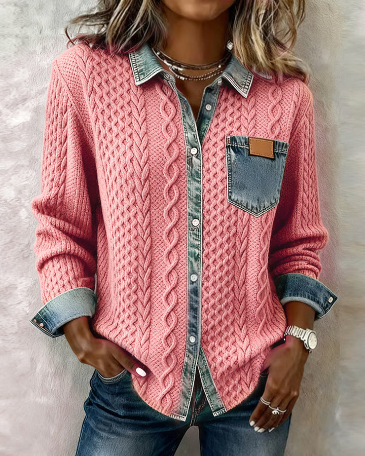 Camicia a Maniche Lunghe con Patchwork in Denim