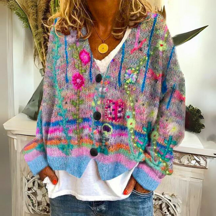 Elisa Cardigan Bohème – Cardigan Multicolore avec Broderies Fleuries et Coupe Ample