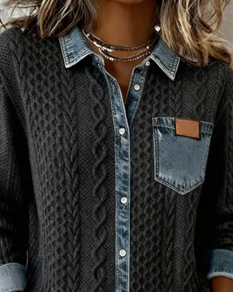 Camicia a Maniche Lunghe con Patchwork in Denim