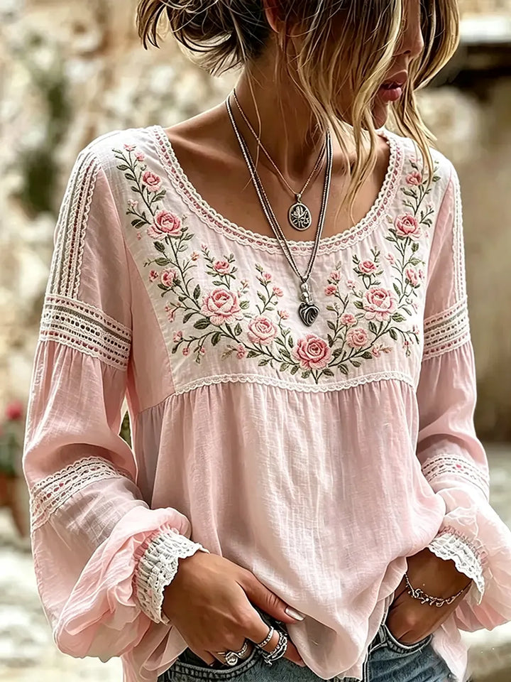 Fiamma | Blusa in Lino con Ricamo di Rose