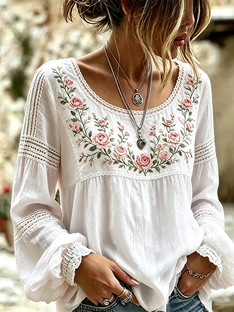 Fiamma | Blusa in Lino con Ricamo di Rose
