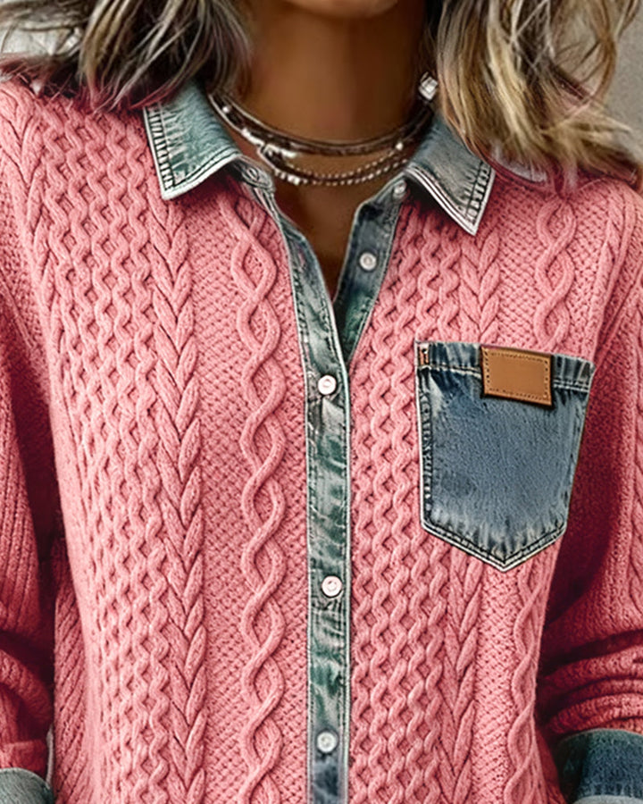 Camicia a Maniche Lunghe con Patchwork in Denim