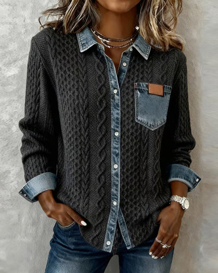 Camicia a Maniche Lunghe con Patchwork in Denim