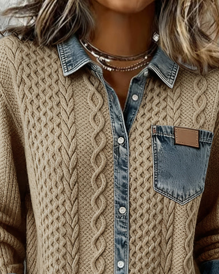 Camicia a Maniche Lunghe con Patchwork in Denim