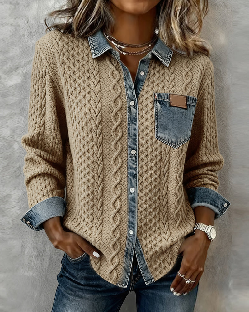 Camicia a Maniche Lunghe con Patchwork in Denim