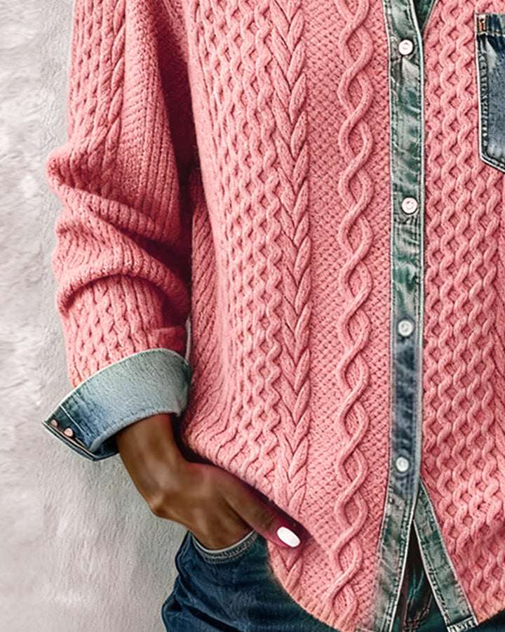 Camicia a Maniche Lunghe con Patchwork in Denim