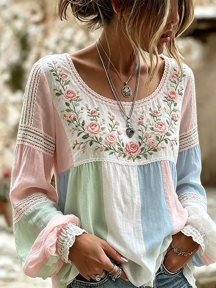 Fiamma | Blusa in Lino con Ricamo di Rose