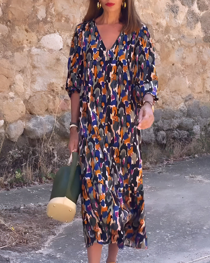 NATHALIE | ABITO STAMPATO RETRO CON SCOLLO A V