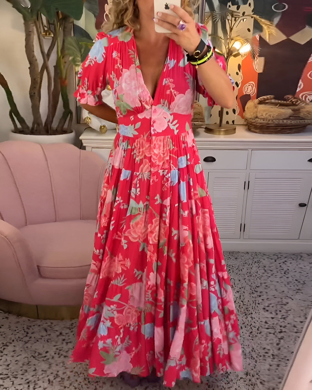 CARINE | ABITO CON TASCHE E SCOLLATURA A V IN STAMPA FLOREALE