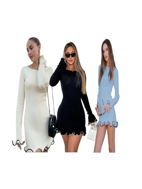 SARAH™ - Abito A-Line a Maniche Lunghe con Orlo a Onde e Color Block Elegante