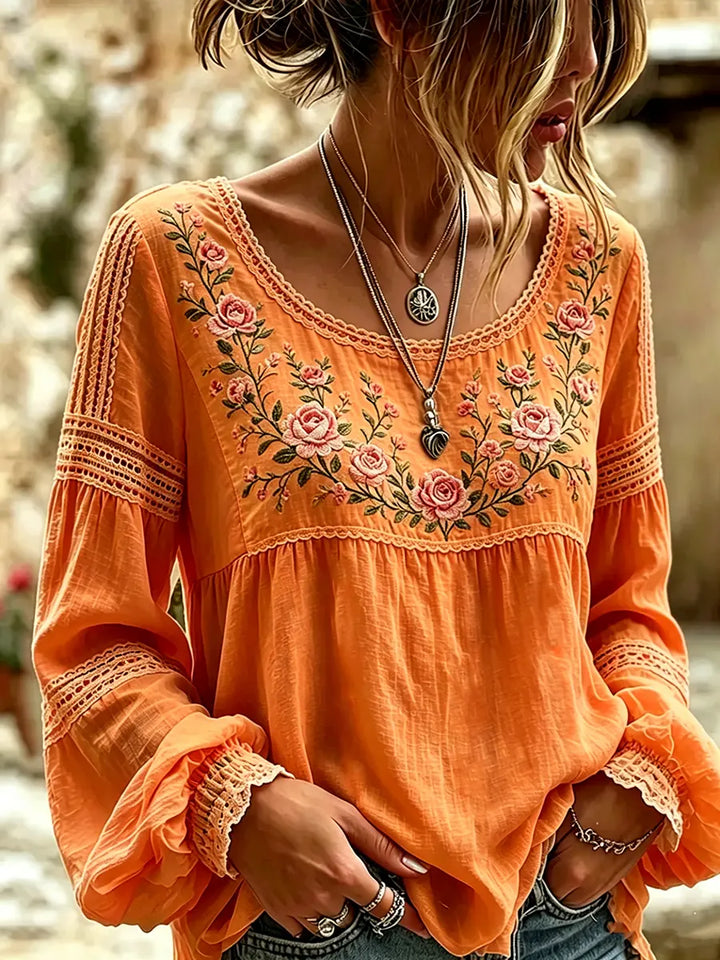 Fiamma | Blusa in Lino con Ricamo di Rose