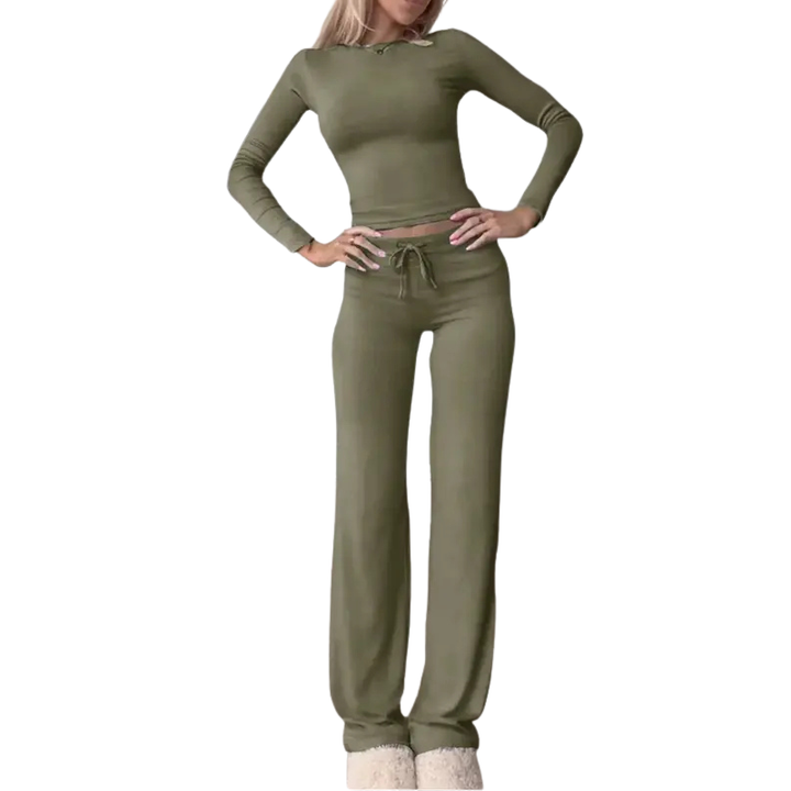 CECILY™ – Set Coordinato di T-Shirt Crop a Maniche Lunghe e Pantaloni Slim Fit