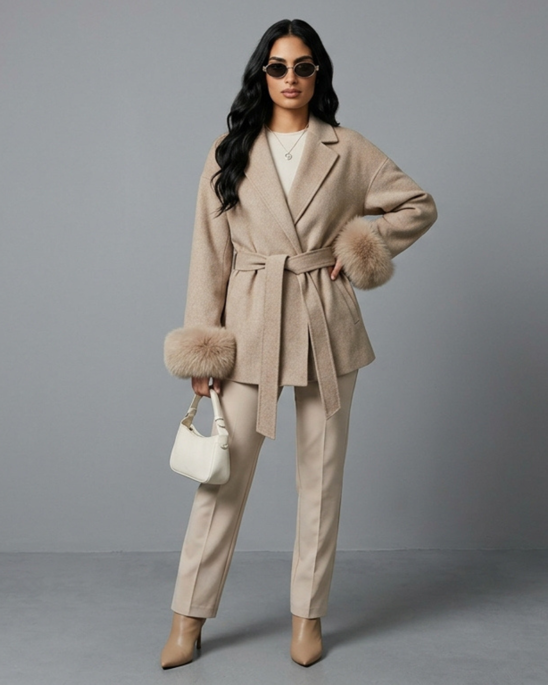Elvira | Cappotto in Lana con Polsini in Pelliccia