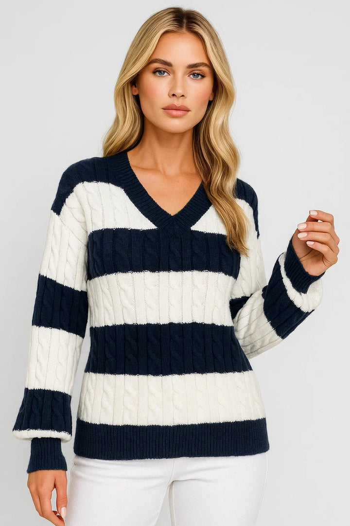 MIRELLE | MAGLIONE A RIGHE CON SCOLLO A V E TRECCE