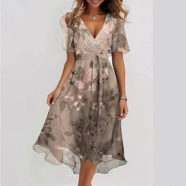 Maud | Elegante Abito Midi da Donna con Fiori e Collo a V