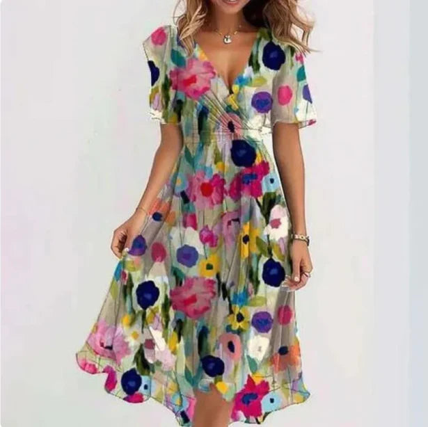 Maud | Elegante Abito Midi da Donna con Fiori e Collo a V