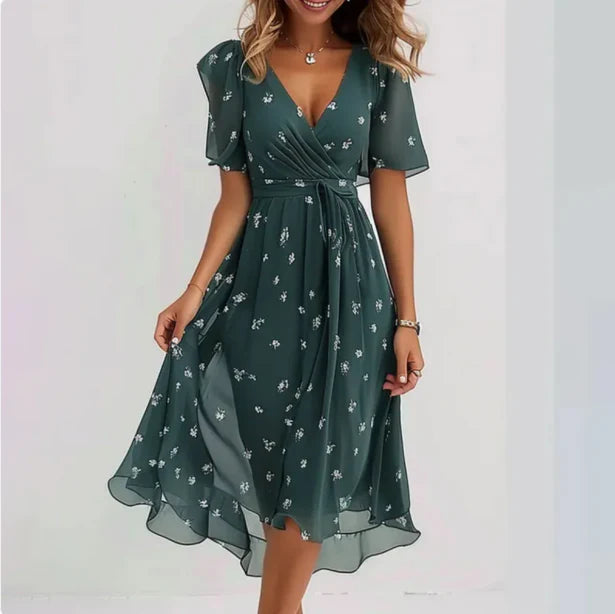 Maud | Elegante Abito Midi da Donna con Fiori e Collo a V