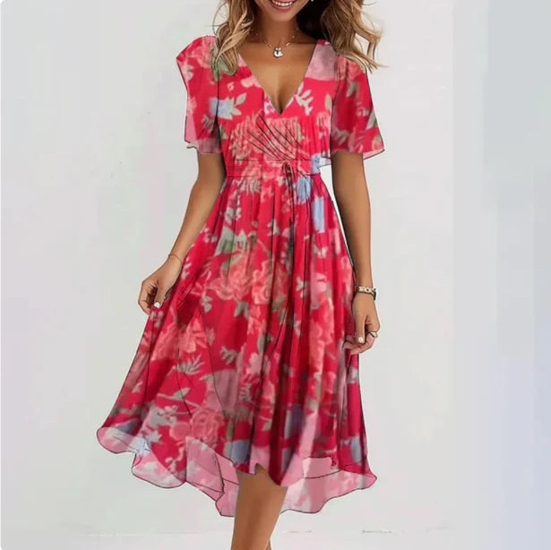 Maud | Elegante Abito Midi da Donna con Fiori e Collo a V
