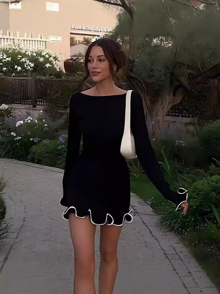SARAH™ - Abito A-Line a Maniche Lunghe con Orlo a Onde e Color Block Elegante