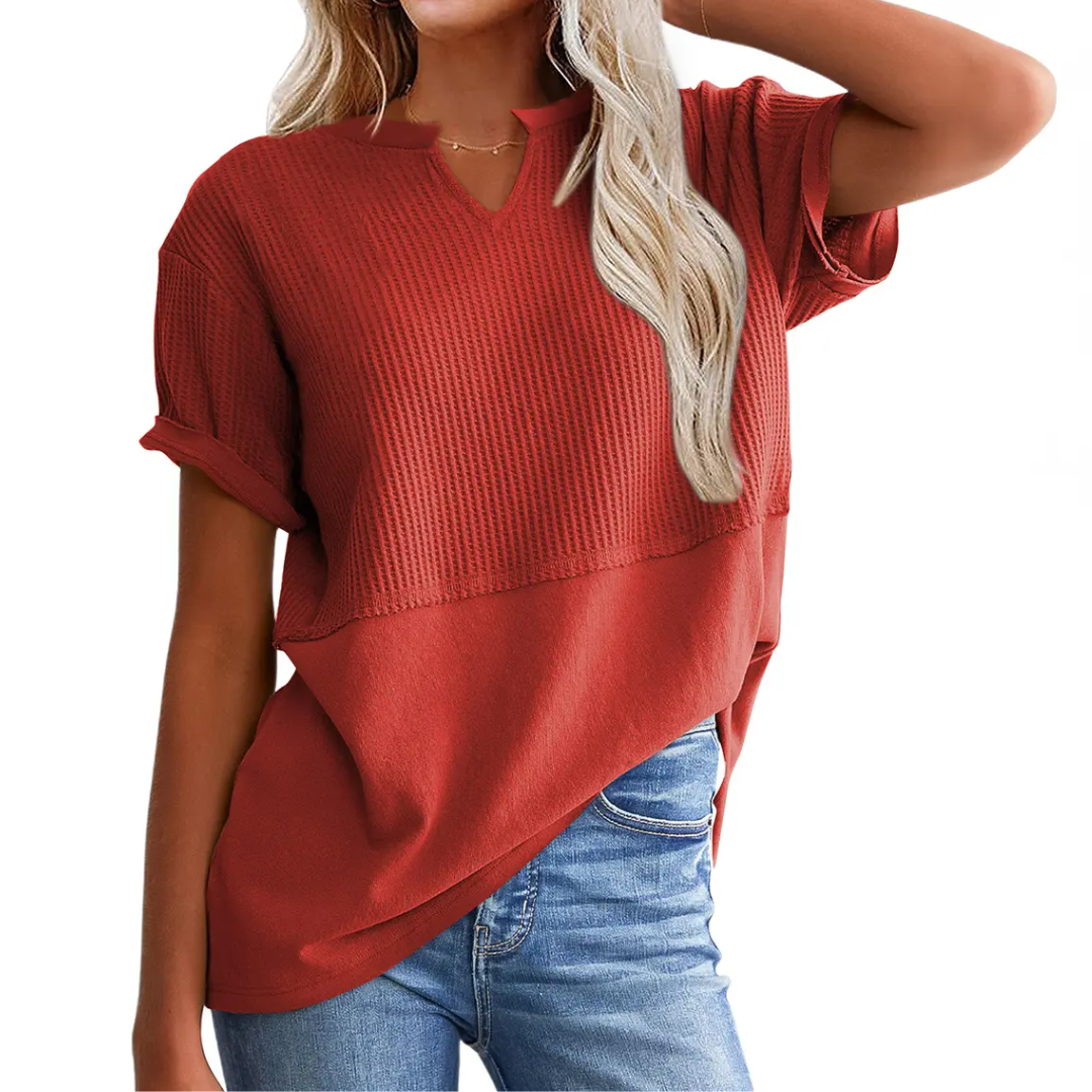 GRACIE™ – Top V-Neck in Maglia Waffle Confortevole