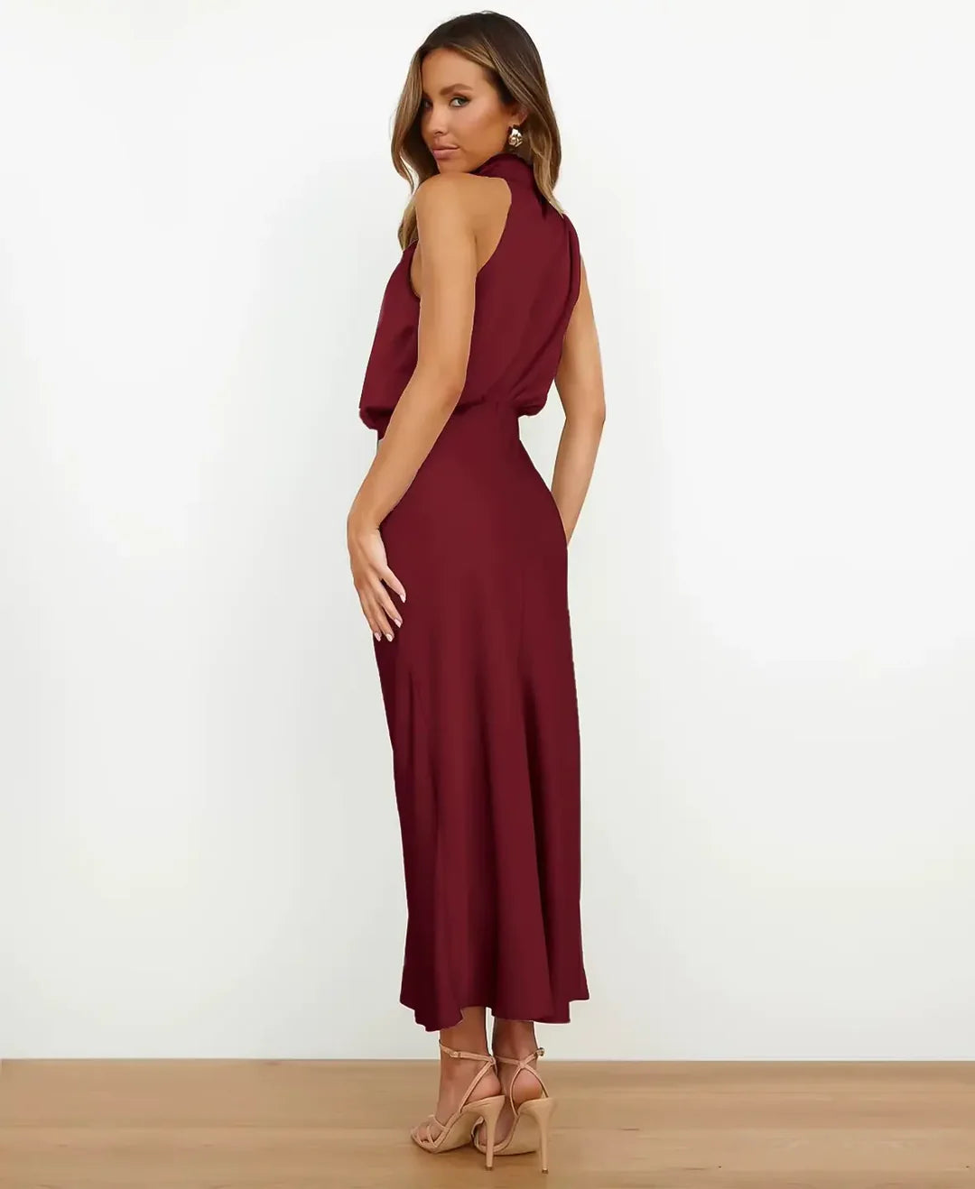 Sophie | Elegante Abito Midi da Donna in Raso Stile Halter Formale