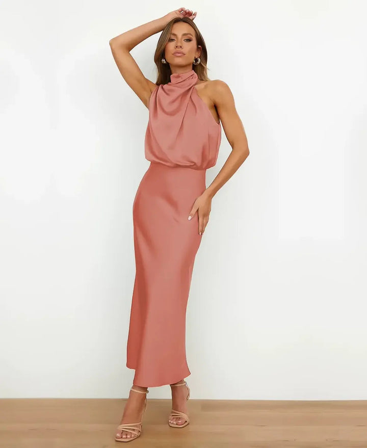 Sophie | Elegante Abito Midi da Donna in Raso Stile Halter Formale