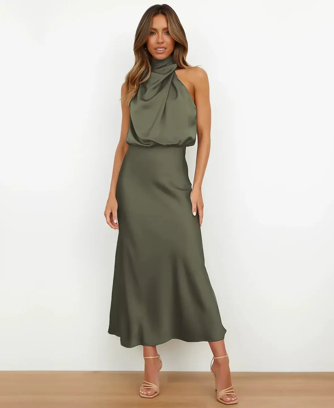 Sophie | Elegante Abito Midi da Donna in Raso Stile Halter Formale