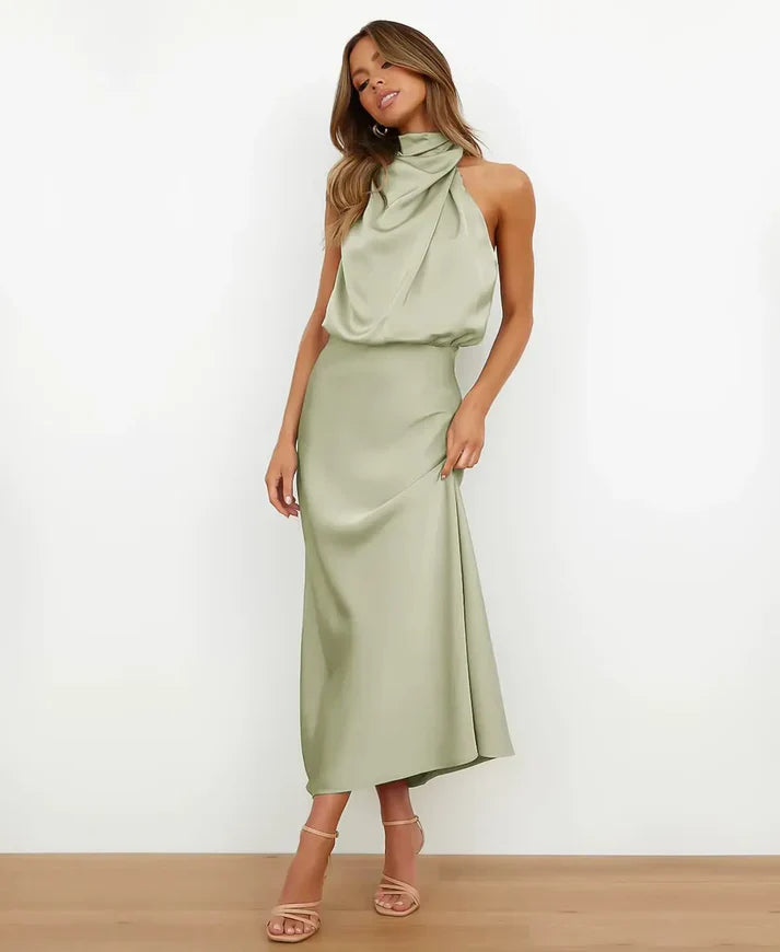 Sophie | Elegante Abito Midi da Donna in Raso Stile Halter Formale