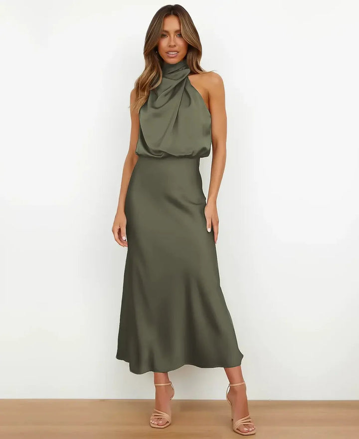 Sophie | Elegante Abito Midi da Donna in Raso Stile Halter Formale