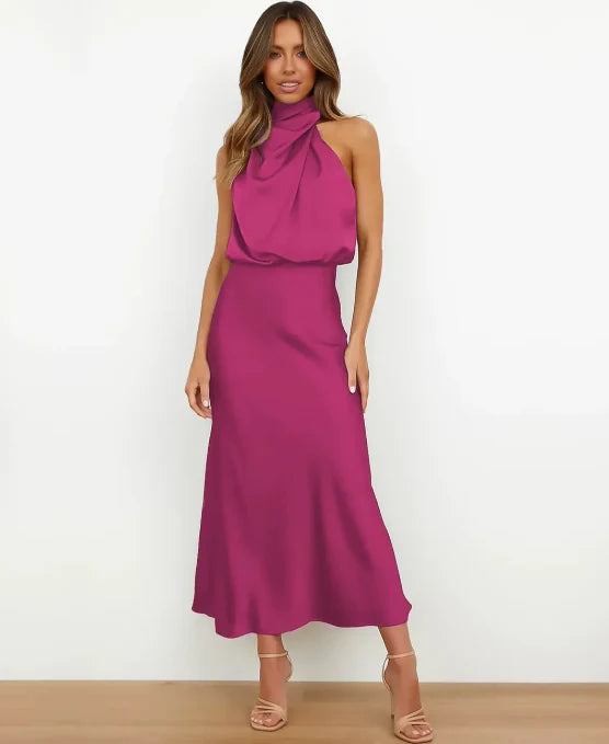Sophie | Elegante Abito Midi da Donna in Raso Stile Halter Formale