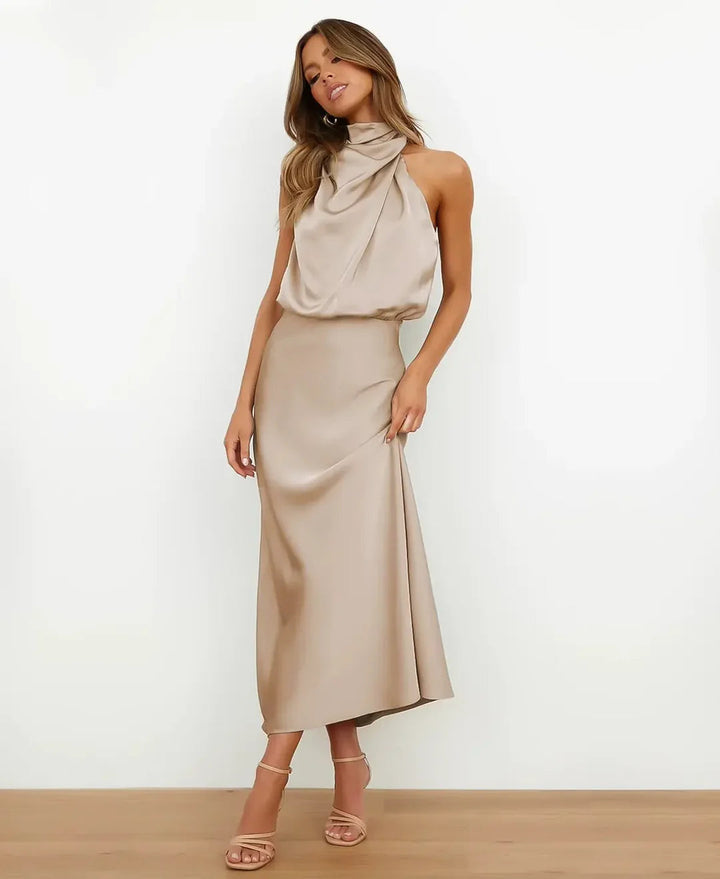 Sophie | Elegante Abito Midi da Donna in Raso Stile Halter Formale