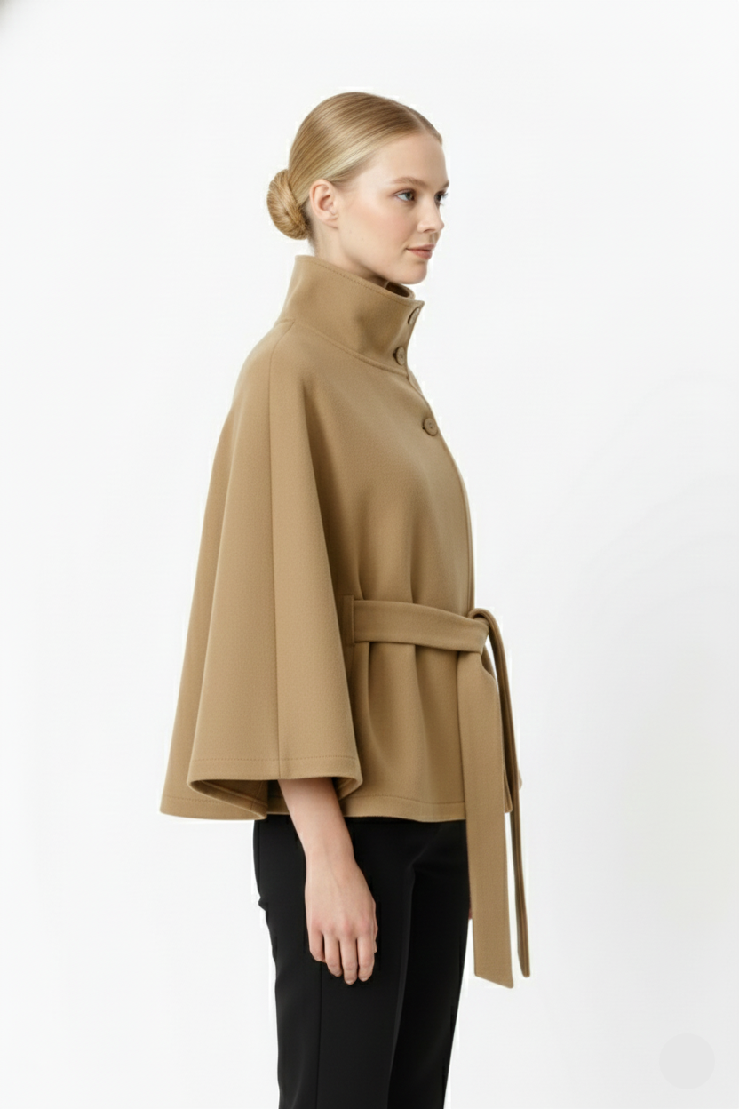 Ivanna Manteau Laine Femme – Col Haut Élégant avec Ceinture Amovible & Coupe Décontractée