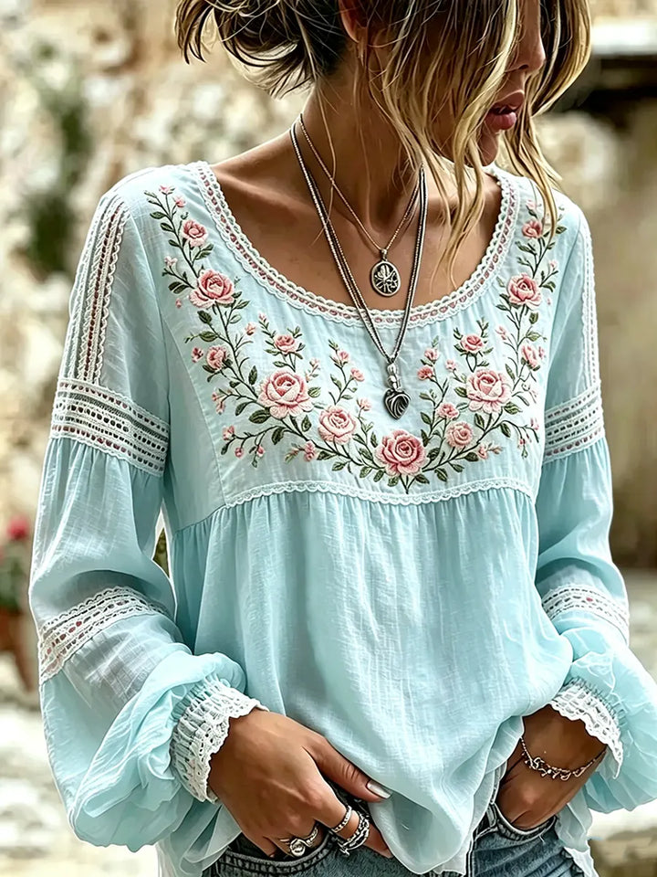 Fiamma | Blusa in Lino con Ricamo di Rose