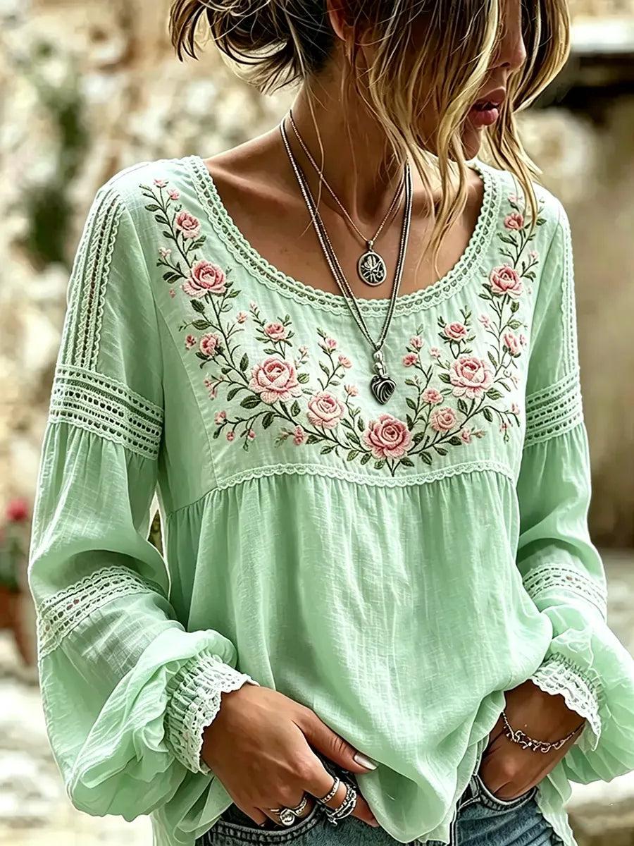 Fiamma | Blusa in Lino con Ricamo di Rose