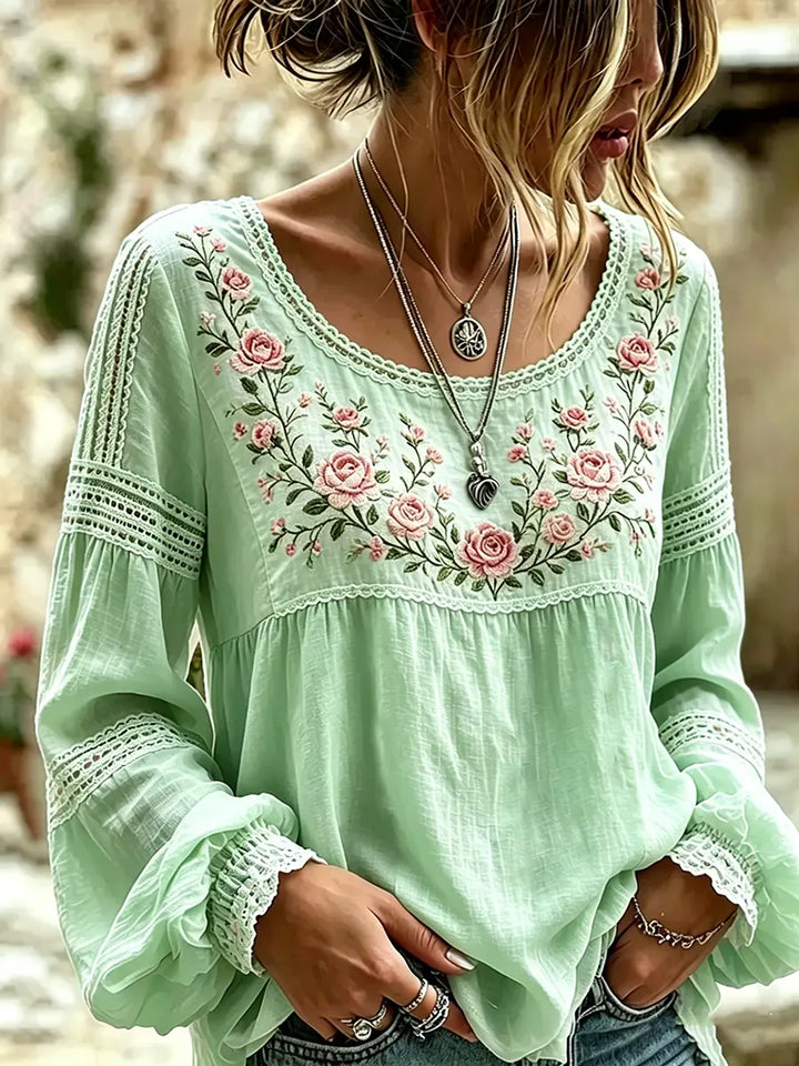 Fiamma | Blusa in Lino con Ricamo di Rose