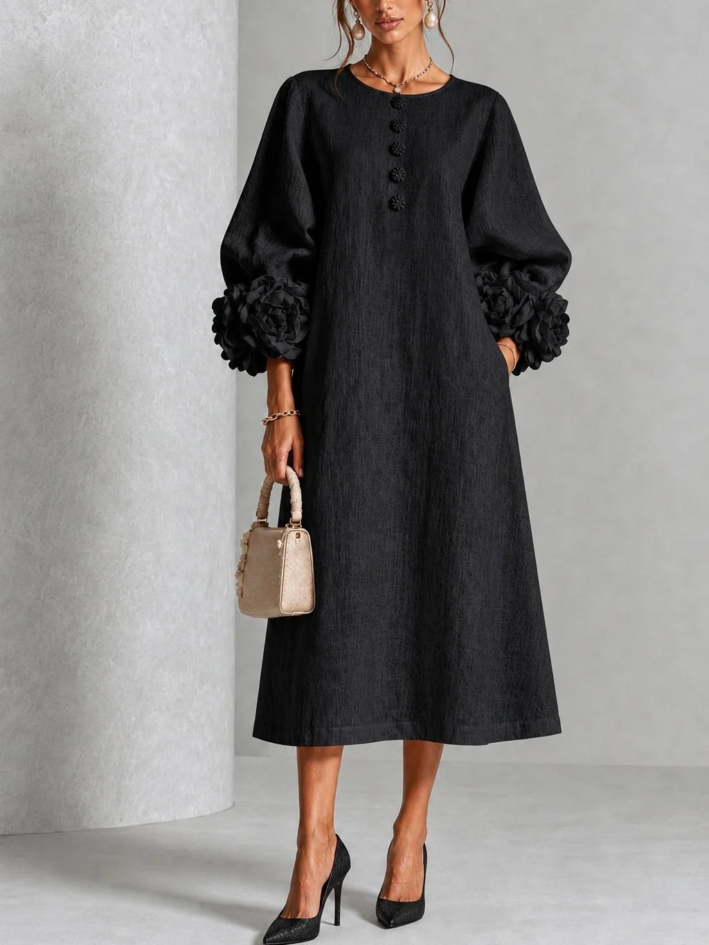 Ivana | Abito Midi con Maniche a Rose